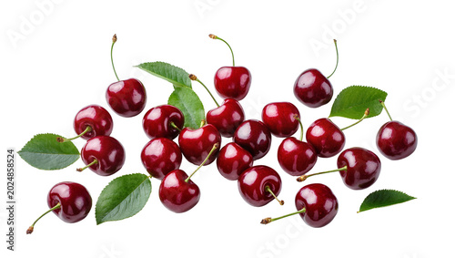 Photos Isolated fresh ripe red cherries with green stems and leaves arranged organically