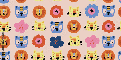 Seamless zoo animal pattern with elephant, panda, koala, leopard, giraffe, lion, and turtle on a soft beige pink background, cute safari repeat design for kids fabric, nursery wallpaper, baby textiles