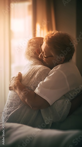Elderly nurse hugging terminally ill patient softly lit hospital bedroom sunset capturing intimacy emotional depth shallow depth of field empathetic heartfelt style photorealistic high emotional