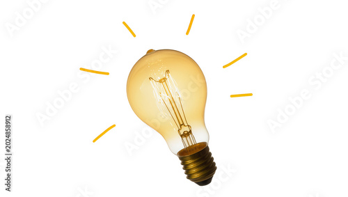 Tableau sur toile Isolated vintage light bulb glowing with yellow light rays, symbolizing a bright