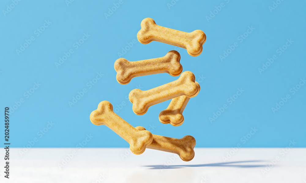 Fototapeta premium golden dog treats suspended form whimsical spiral pattern bright clear blue studio backdrop soft