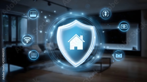 A glowing blue digital shield representing cybersecurity and smart home technology with integrated network icons and augmented reality overlays