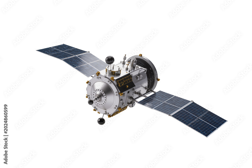 Fototapeta premium Isolated advanced orbital satellite with unfolded solar panels for space communication and exploration