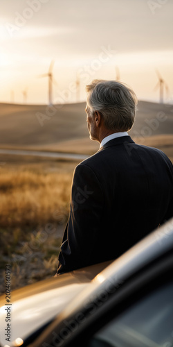Geschäftsmann blickt auf Windräder bei Sonnenuntergang neben Elektroauto – nachhaltige Energie, Elektromobilität, Business und Zukunftstechnologie mit Copyspace