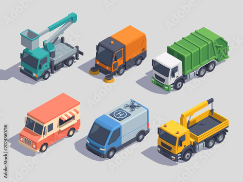 Fotografie A stylish representation of different types of trucks employed in urban settings, showcasing their functionality and versatility in transportation and public service tasks
