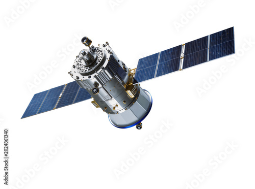 Isolated highly detailed modern communication satellite with solar panels for global data transmission