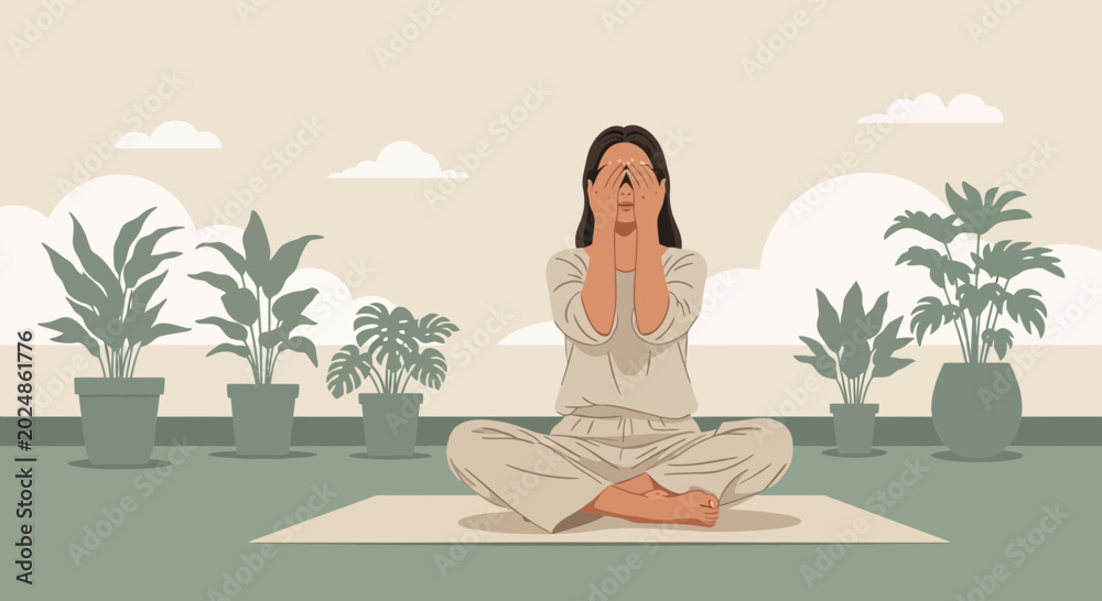 Fototapeta premium Woman meditating in lotus pose on yoga mat with plants, practicing mindfulness and relaxation.