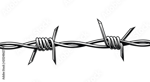 Fotografie Barbed wire illustration security fence detail black and white graphic