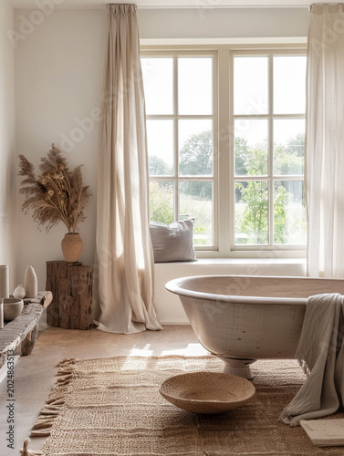 Minimalist japandi bathroom interior with stone freestanding bathtub and window sill seating