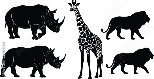 Fotografija African Wildlife Silhouette Vector Set Featuring Rhinos, Giraffe, and Lions for