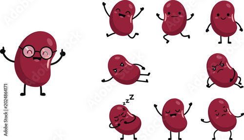Cute kidney bean character vector set with funny facial expressions, emotions, poses, and cartoon mascot design