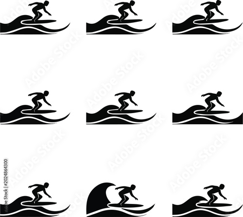 Canvas Print Isolated on Black silhouette surfer icons surfing waves vector art on white back