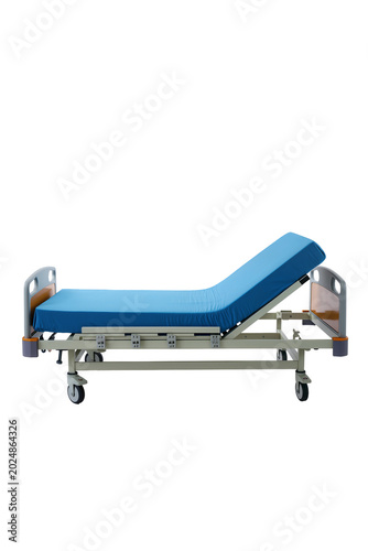 Фотография Isolated modern hospital bed with blue mattress and adjustable backrest for pati