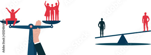 Vector illustration of scales and seesaw conceptualizing equality inequality human rights justice social balance and comparison of people