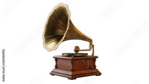 Schilderij op canvas Isolated retro gramophone music player with an elegant brass horn and antique wo