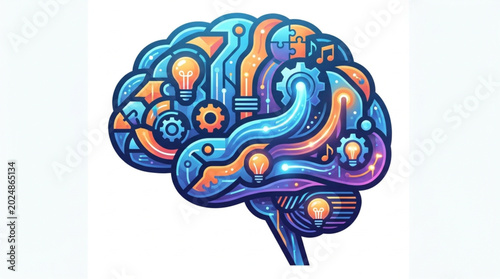 Konstfotografi Abstract brain illustration with gears and lightbulbs symbolizing ideas and intelligence