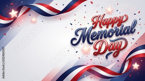 Memorial day celebration banner with patriotic ribbons and stars.