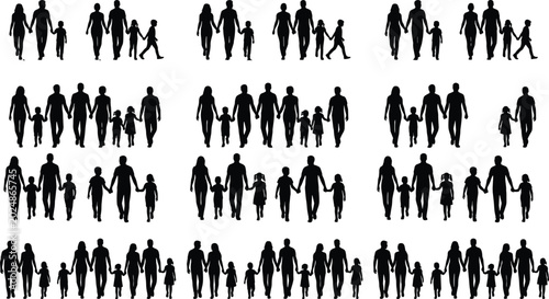Large collection of black family silhouettes featuring parents and children walking and holding hands isolated on white background