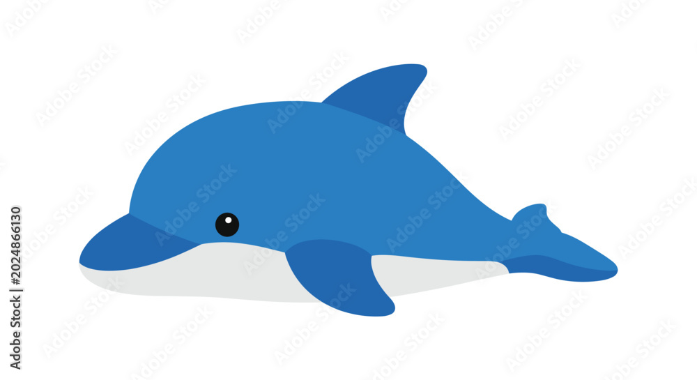 Fototapeta premium Friendly blue dolphin swimming gracefully through the water on a plain white background in a simple flat vector illustration.