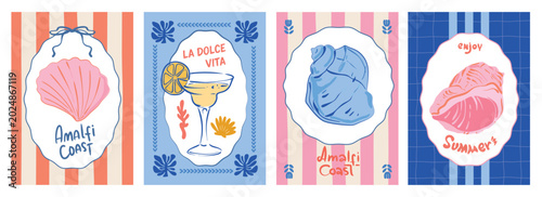 Dolce vita, Amalfi coast, set of  summer posters, wall art decoration for cafe or restaurant, card, menu, modern, hand drawn, vector 