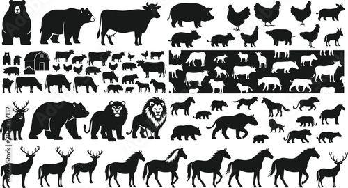 Canvas Print Comprehensive Animal Silhouette Vector Set Featuring Farm, Wild, and Domestic Sp
