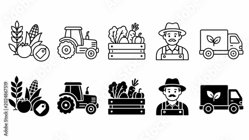 Agriculture icons: produce, tractor, farmer, and delivery truck illustrations