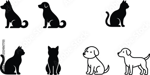 Photos Dog and Cat Silhouette and Outline Vector Set for Pet Design, Logo, and Animal I