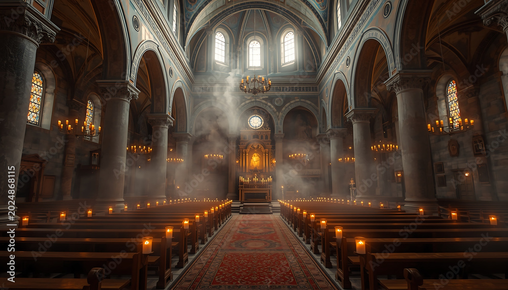 Fototapeta premium Church interior features rows of burning candles and pews leading toward a bright glowing altar.