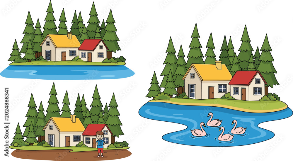 Obraz premium Lakeside cabin landscape vector set with pine forest, swans, houses, and peaceful countryside scenery