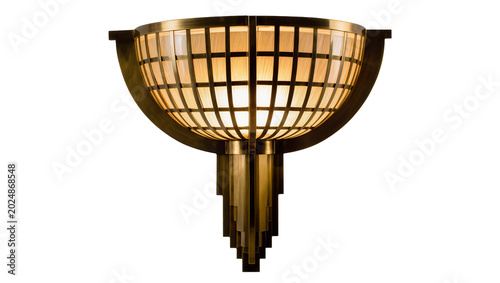 Konstfotografi Isolated elegant brass wall sconce with glowing light and decorative Art Deco st