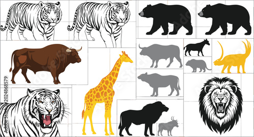 Photography Wild Animal Vector Collection Featuring Tigers, Lions, Bears, Bulls, Giraffes, a