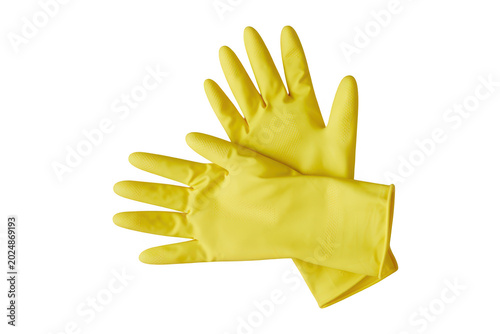 Pair of yellow rubber gloves for cleaning isolated on transparent background