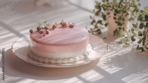 Elegant Korean-style cake, soft pink top, white rim, bright natural sunlight, airy soft-focus composition