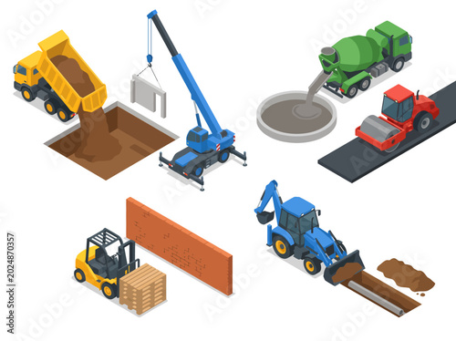 An engaging illustration showcasing various construction vehicles and equipment, reflecting the dynamic nature of construction work and the tools utilized in building projects.