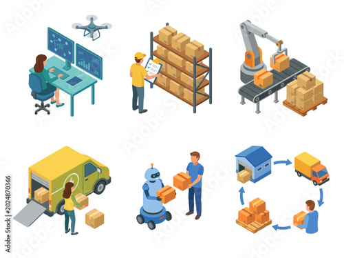 Experience the modern logistics environment with illustrations of warehouse management, drone delivery, and packaging for a streamlined supply chain process.