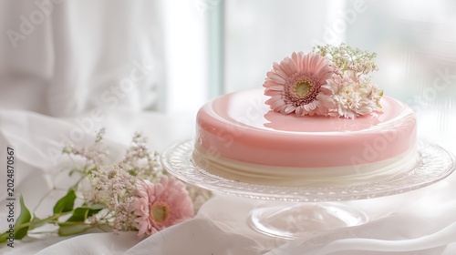 Elegant Korean-style cake, soft pink top, white rim, bright soft daylight, airy soft-focus composition