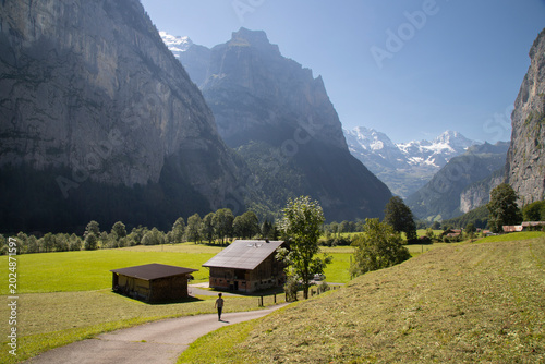 Lauterbrunnen valley landscape with traditional swiss chalets