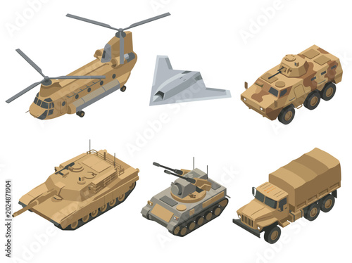 This image features an array of military vehicles and aircraft including tanks, helicopters, and transport vehicles, showcasing modern military technology and tactical proficiency.