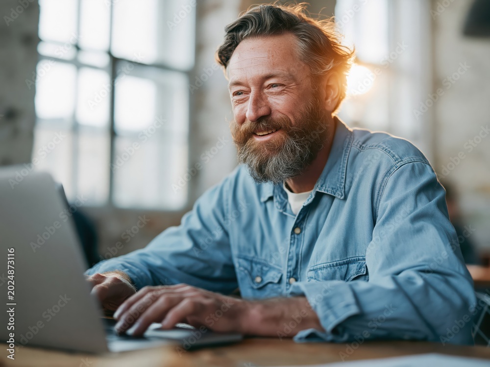 Fototapeta premium Mature man with beard happily working on a laptop in a bright, modern office
