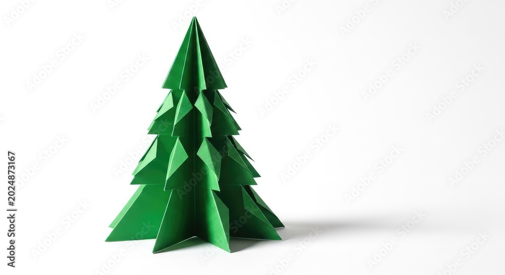 Fototapeta premium A minimalist green paper Christmas tree, elegantly folded using origami techniques, stands centered against a clean and bright white backdrop, spruce, fir, triangular