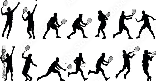 Fotografie Tennis Player Silhouette Collection Set with Serving, Running, and Hitting Actio