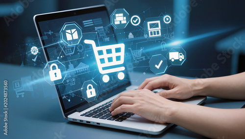 Futuristic online shopping interface displaying digital commerce management, secure transactions, and connected retail technology systems.