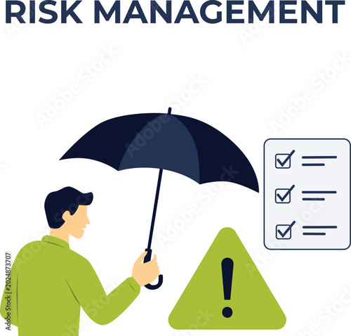Risk Management Concept Illustration with Document, Magnifying Glass, Warning Symbol, Business Protection and Umbrella Coverage