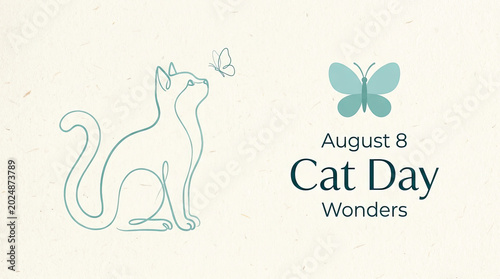 August 8 cat day wonders illustration with feline watching a butterfly, august