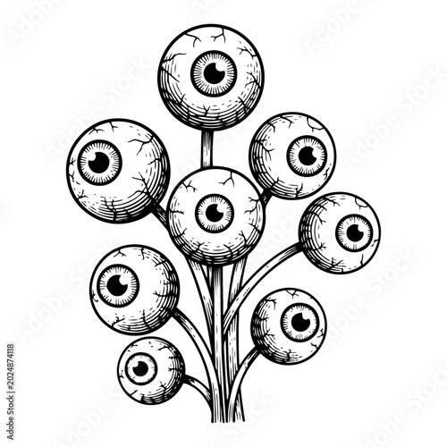 Canvas Print Eyeballs growing on stems like flowers in surreal vintage engraving style