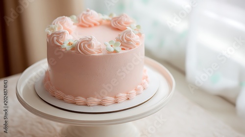 Elegant Korean-style cake, soft pink frosting, white rim, bright soft-focus light, airy soft composition