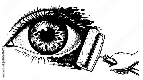 Canvastavla Human eye being covered with paint roller in surreal engraving style