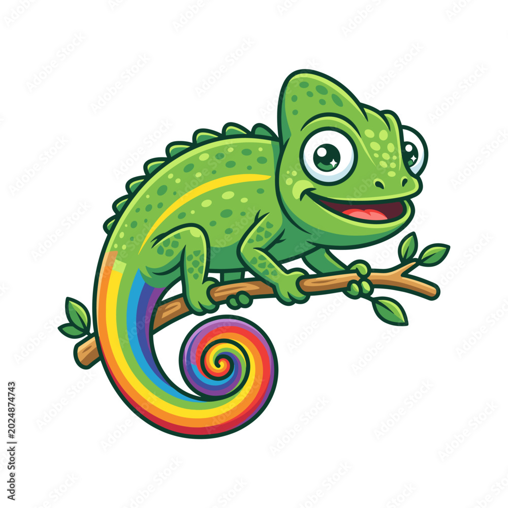 Fototapeta premium Cute chameleon with rainbow tail on branch vector illustration