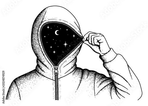 Tableau sur toile Person in hoodie unzipping face to reveal starry night sky with moon in ink engr