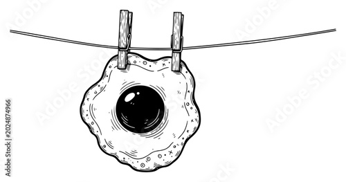 Fotografie Fried egg hanging on clothesline with pins in surreal line art style